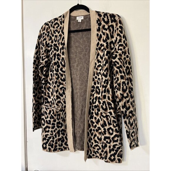 J Crew Sz S Leopard Print Open Front Cardigan Cotton Neutral Pockets Tan/Blk - Picture 2 of 8